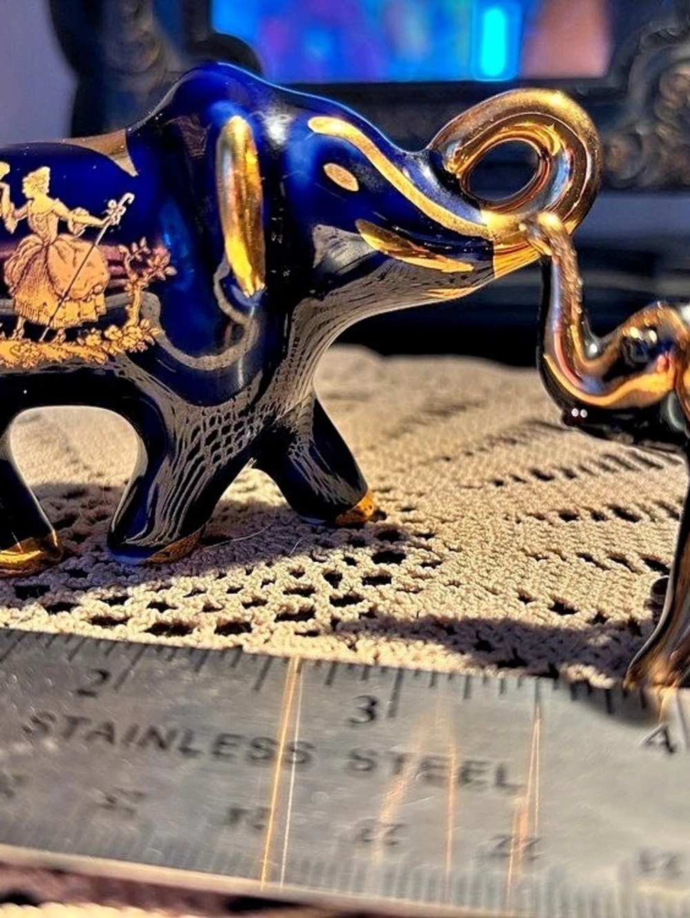 Limoges France Ceramic Elephant Figurines in Blue & Black & {mini glass elephant